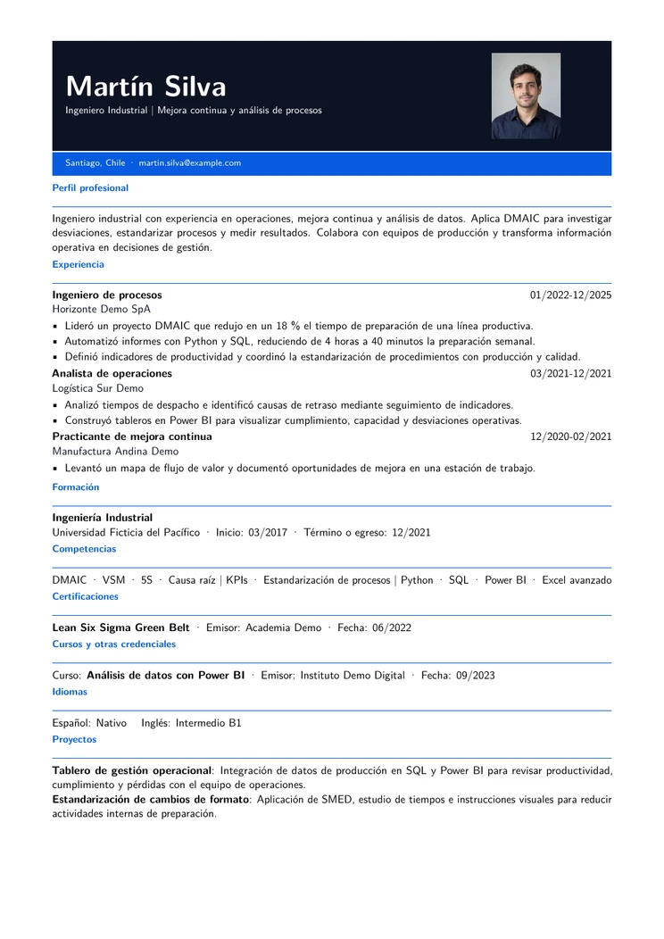 CV ficticio de Martín Silva: experiencia, proyectos, formación, certificaciones, competencias e idiomas