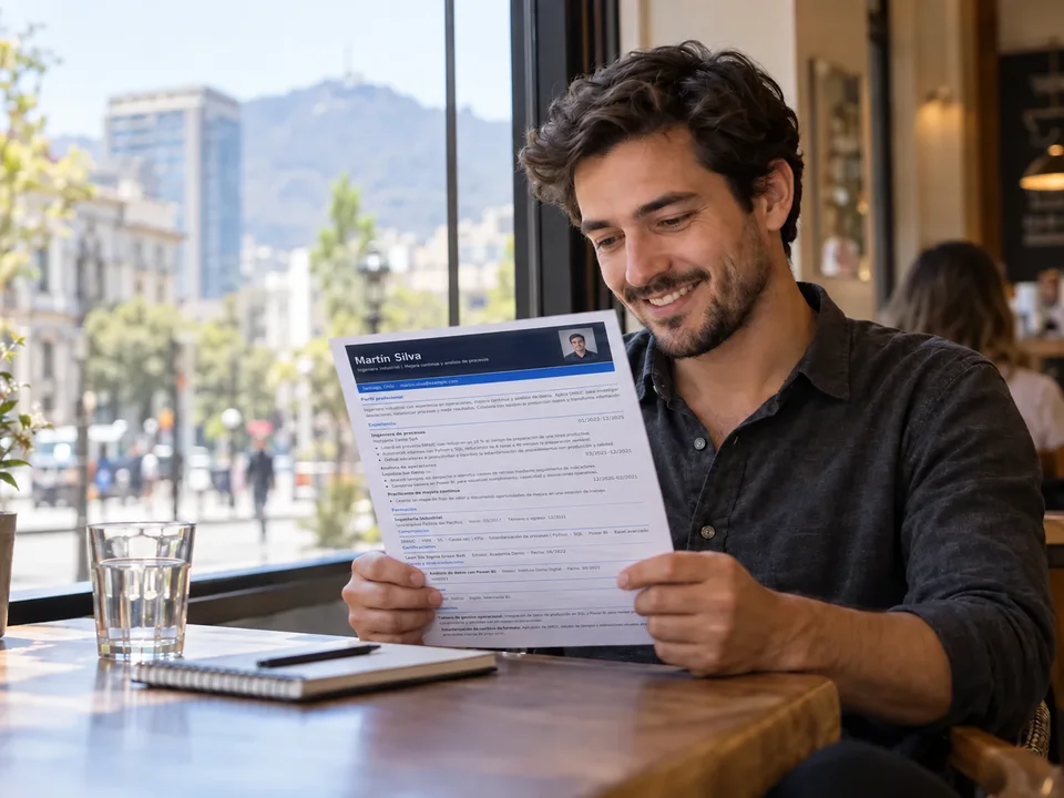 Persona ficticia sonriendo mientras revisa un CV profesional impreso con experiencia y certificaciones