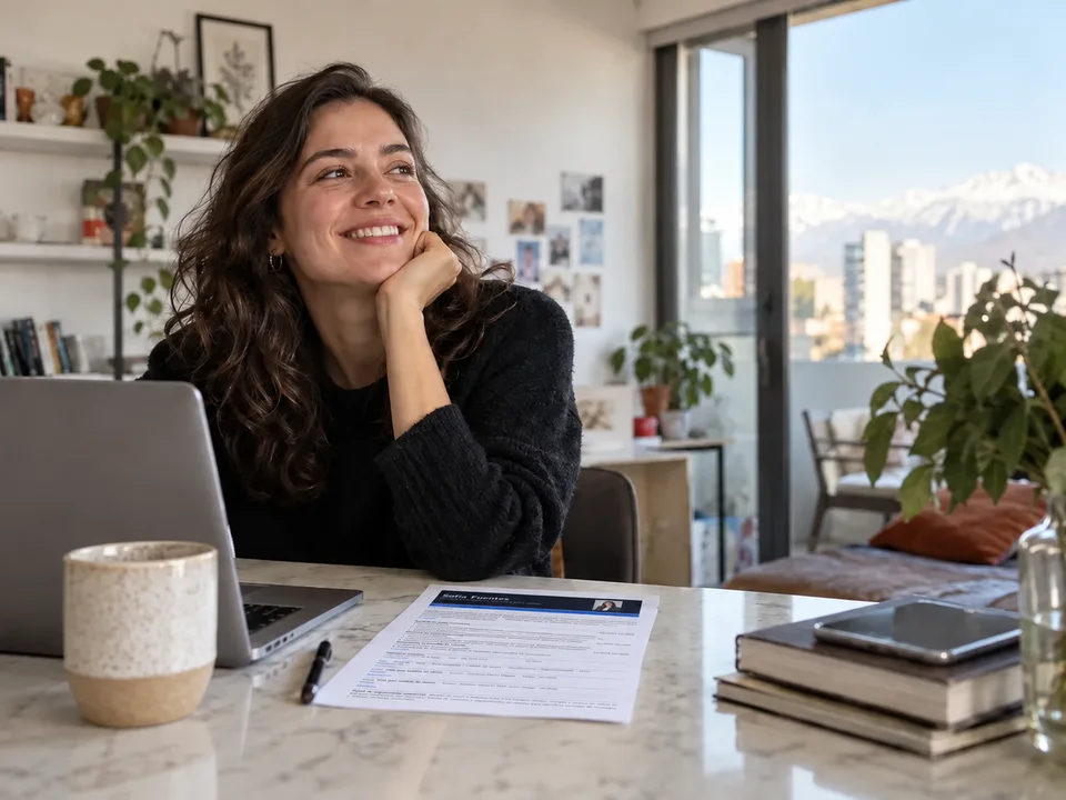 Persona ficticia junto a un CV completo con experiencia, proyectos y formación en un espacio de trabajo luminoso
